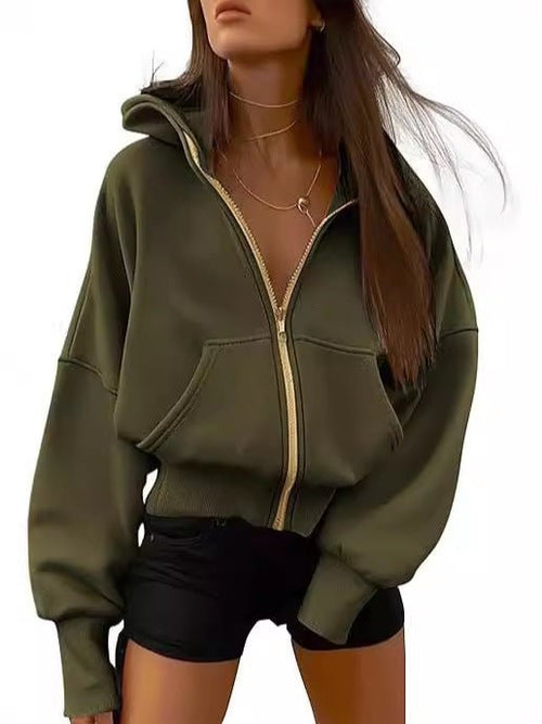 2026 Autumn Winter New Women's Fashion Zipper Hooded Long Sleeve Short Sportswear Casual Plush Hoodie - SNMShop