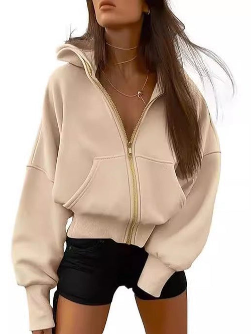 2026 Autumn Winter New Women's Fashion Zipper Hooded Long Sleeve Short Sportswear Casual Plush Hoodie - SNMShop