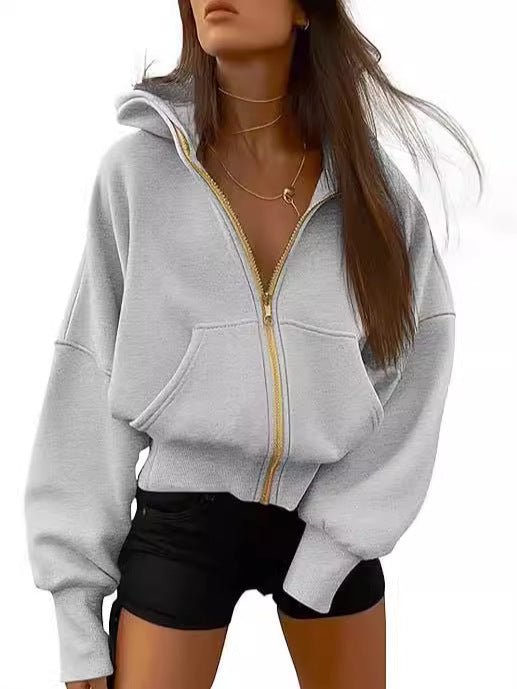 2026 Autumn Winter New Women's Fashion Zipper Hooded Long Sleeve Short Sportswear Casual Plush Hoodie - SNMShop
