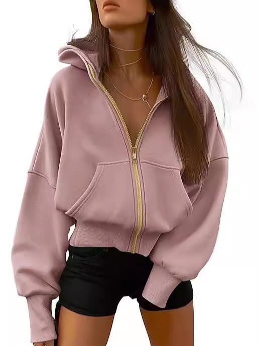 2026 Autumn Winter New Women's Fashion Zipper Hooded Long Sleeve Short Sportswear Casual Plush Hoodie - SNMShop