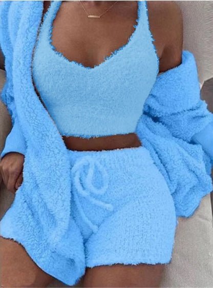 3pcs Womens Clothing Long Sleeve Crop Tank Top And Drawstring Shorts Pajama Set - SNMShop