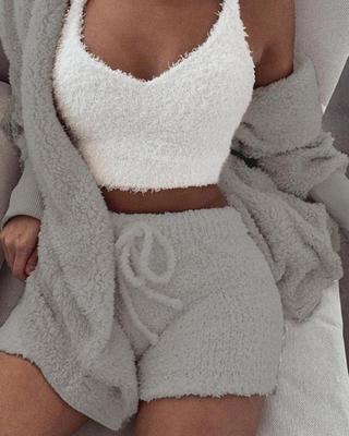3pcs Womens Clothing Long Sleeve Crop Tank Top And Drawstring Shorts Pajama Set - SNMShop