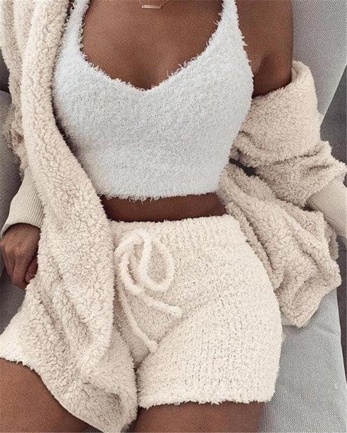 3pcs Womens Clothing Long Sleeve Crop Tank Top And Drawstring Shorts Pajama Set - SNMShop