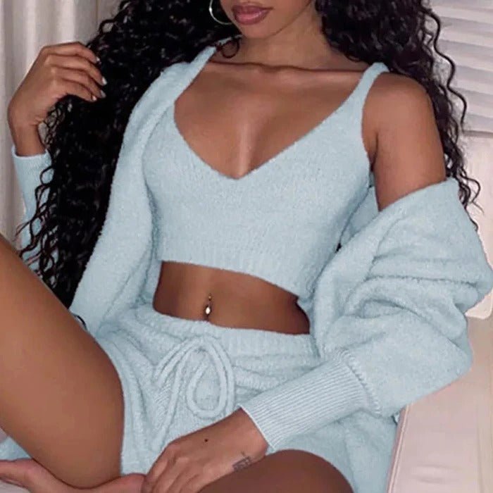 3pcs Womens Clothing Long Sleeve Crop Tank Top And Drawstring Shorts Pajama Set - SNMShop