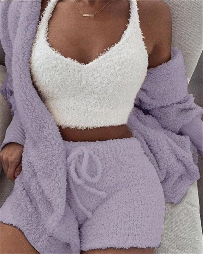 3pcs Womens Clothing Long Sleeve Crop Tank Top And Drawstring Shorts Pajama Set - SNMShop