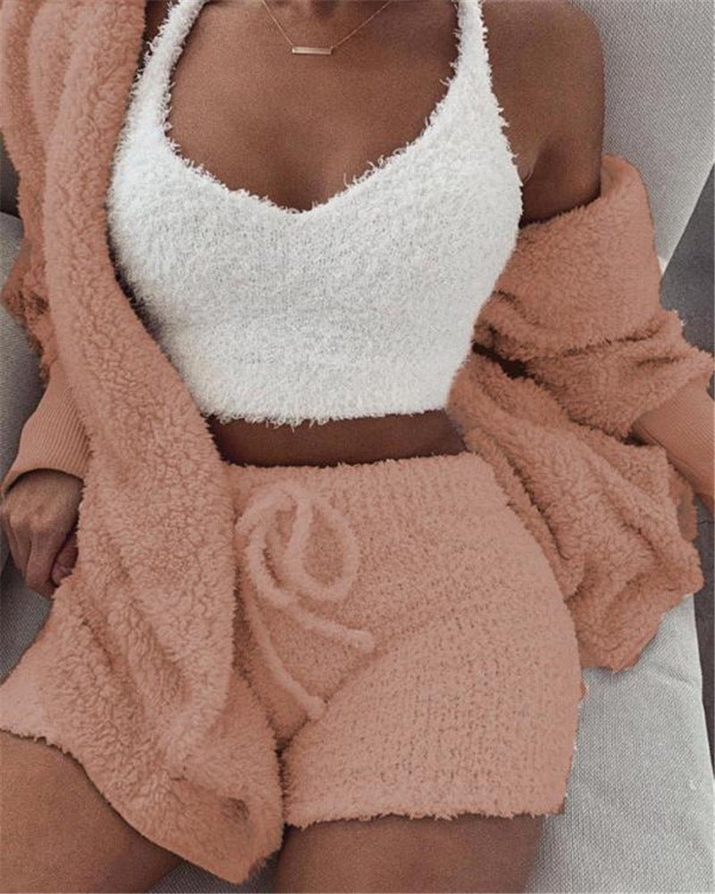3pcs Womens Clothing Long Sleeve Crop Tank Top And Drawstring Shorts Pajama Set - SNMShop