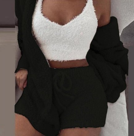 3pcs Womens Clothing Long Sleeve Crop Tank Top And Drawstring Shorts Pajama Set - SNMShop