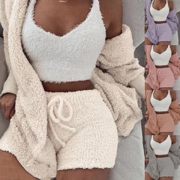 3pcs Womens Clothing Long Sleeve Crop Tank Top And Drawstring Shorts Pajama Set - SNMShop
