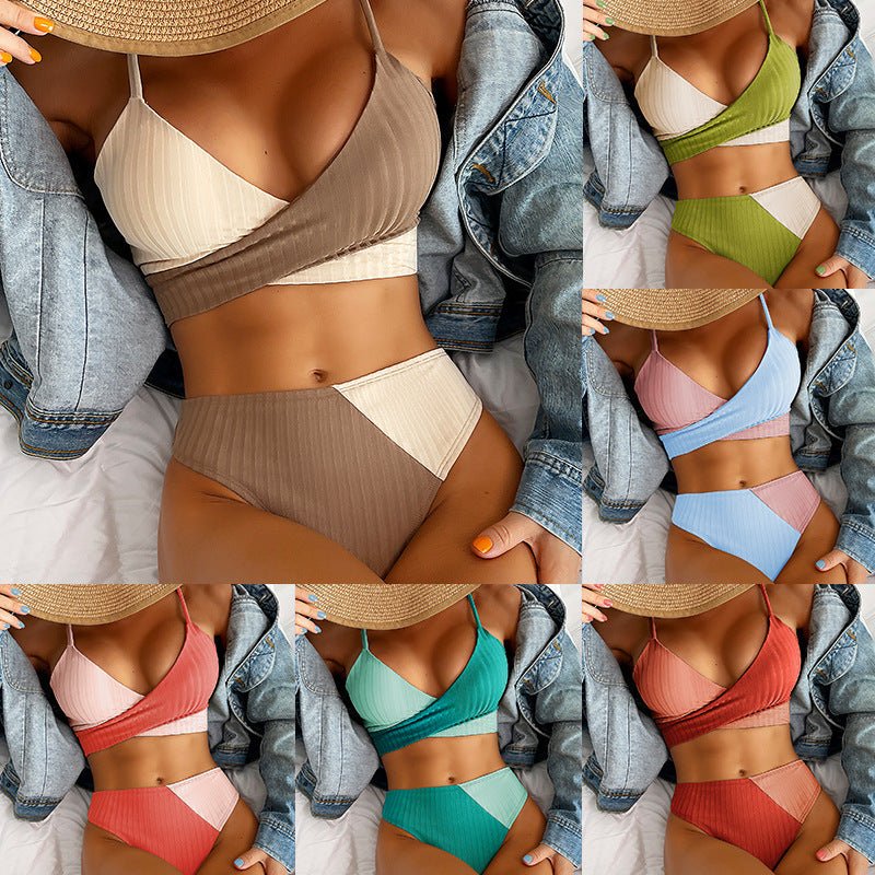 Bikini Patchwork Swimwear Ribbed Women's Swimsuit Knot Back Beachwear Ruched Butt Biquinis Bathing Suits - SNMShop