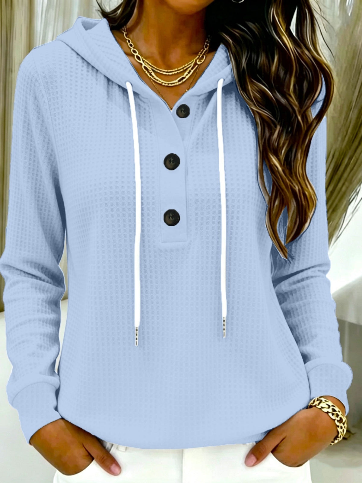 Button-up V-neck Long-sleeved Pullover Sports Hoodie - SNMShop