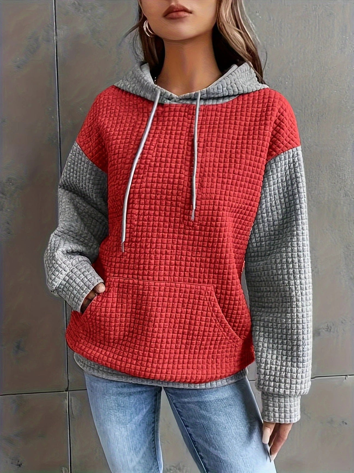 Casual Loose Stitching Color Block Pullover Hoodie - SNMShop