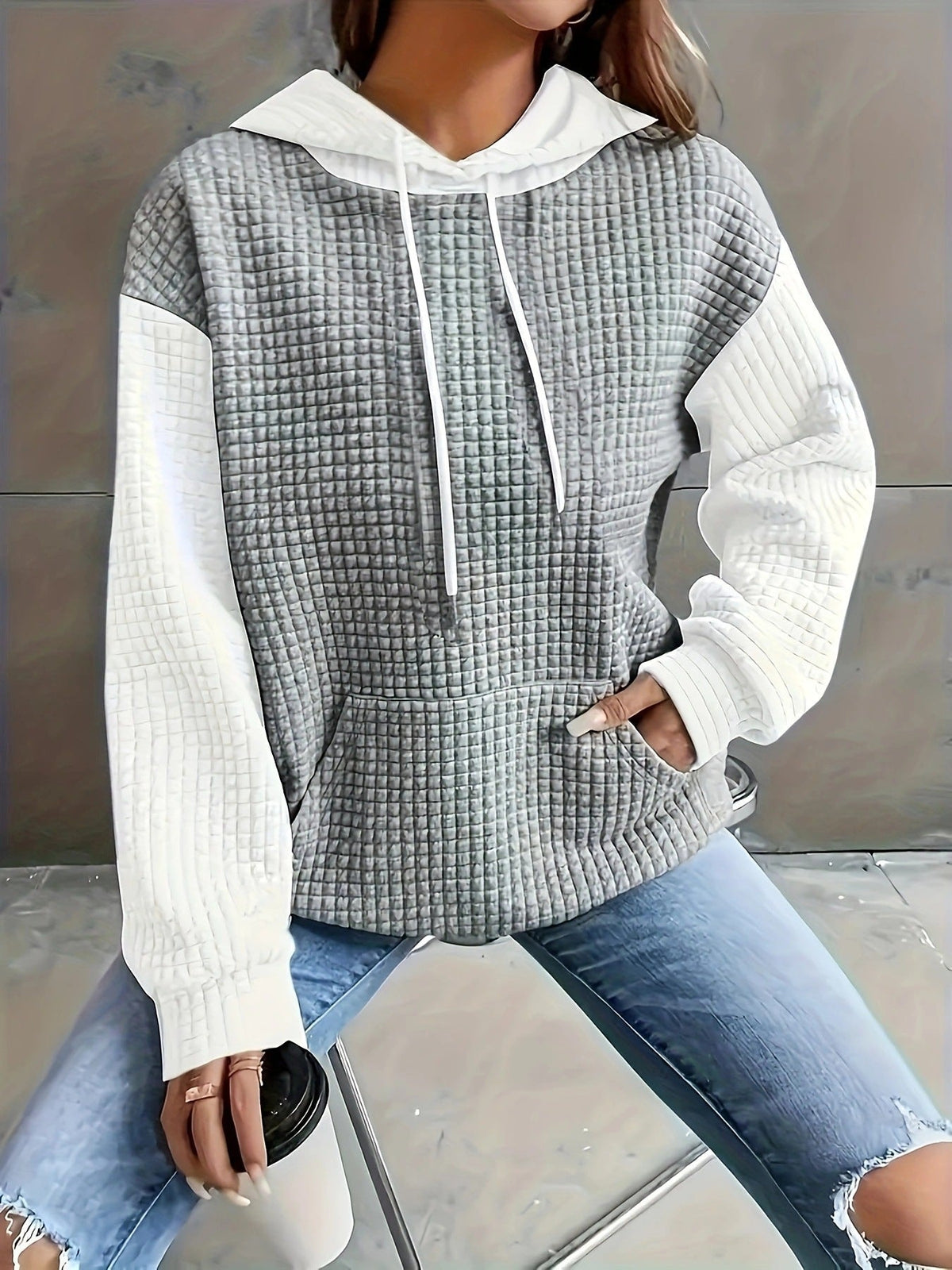 Casual Loose Stitching Color Block Pullover Hoodie - SNMShop