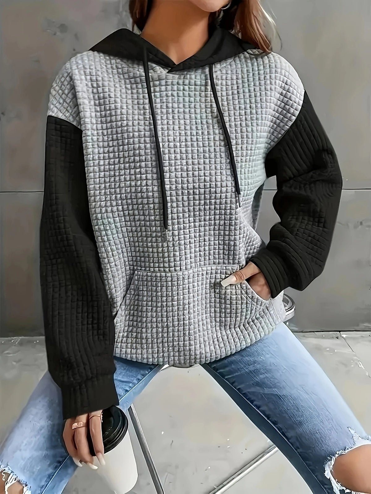 Casual Loose Stitching Color Block Pullover Hoodie - SNMShop