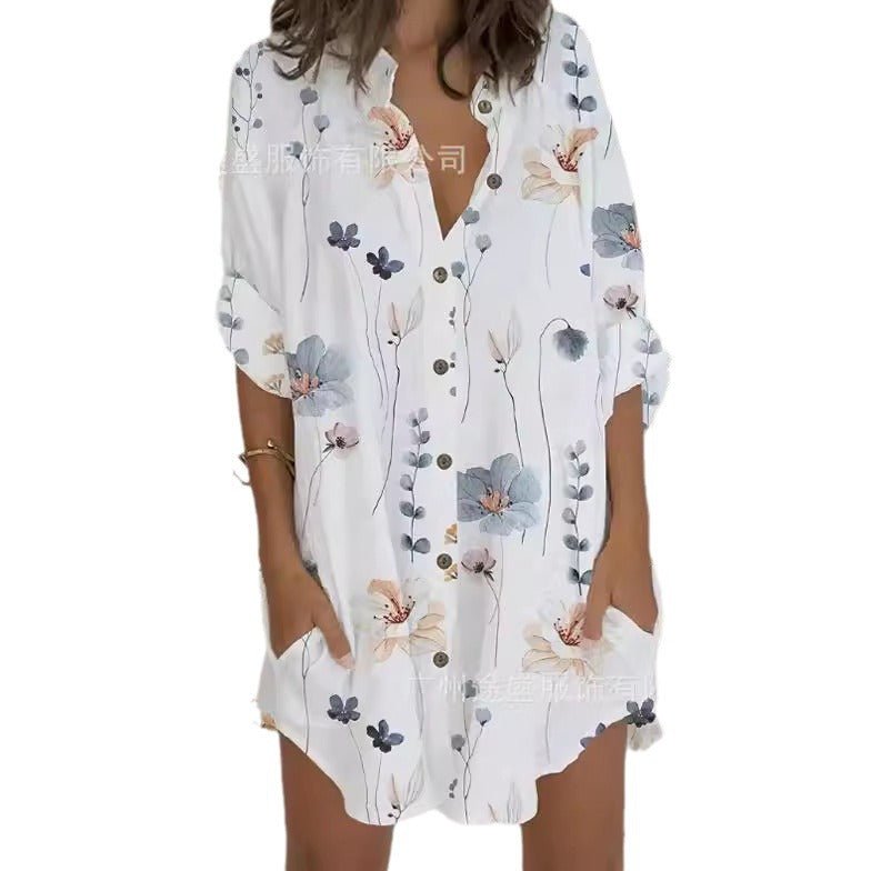 Casual Printed Button Long Sleeve Pocket Dress Women - SNMShop
