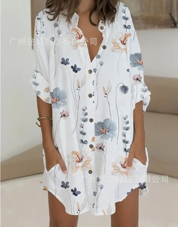Casual Printed Button Long Sleeve Pocket Dress Women - SNMShop