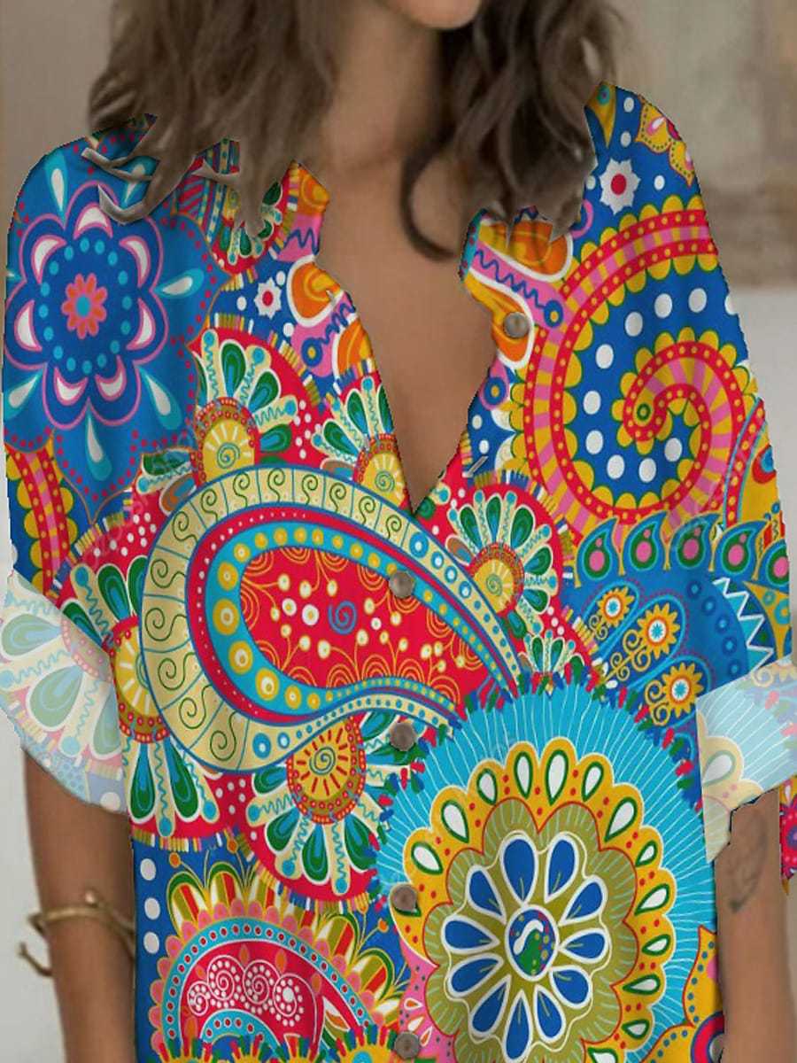 Casual Printed Button Long Sleeve Pocket Dress Women - SNMShop