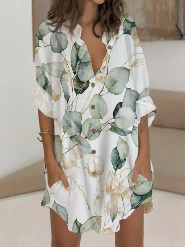 Casual Printed Button Long Sleeve Pocket Dress Women - SNMShop