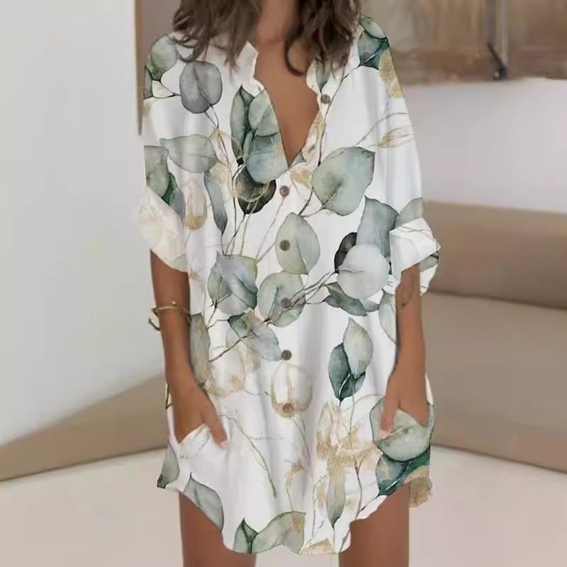 Casual Printed Button Long Sleeve Pocket Dress Women - SNMShop