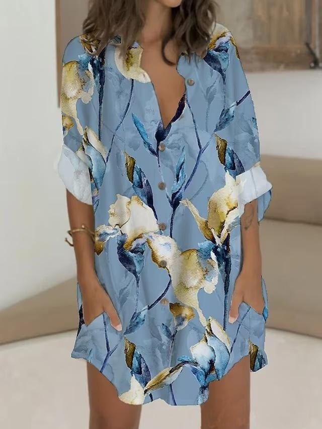 Casual Printed Button Long Sleeve Pocket Dress Women - SNMShop