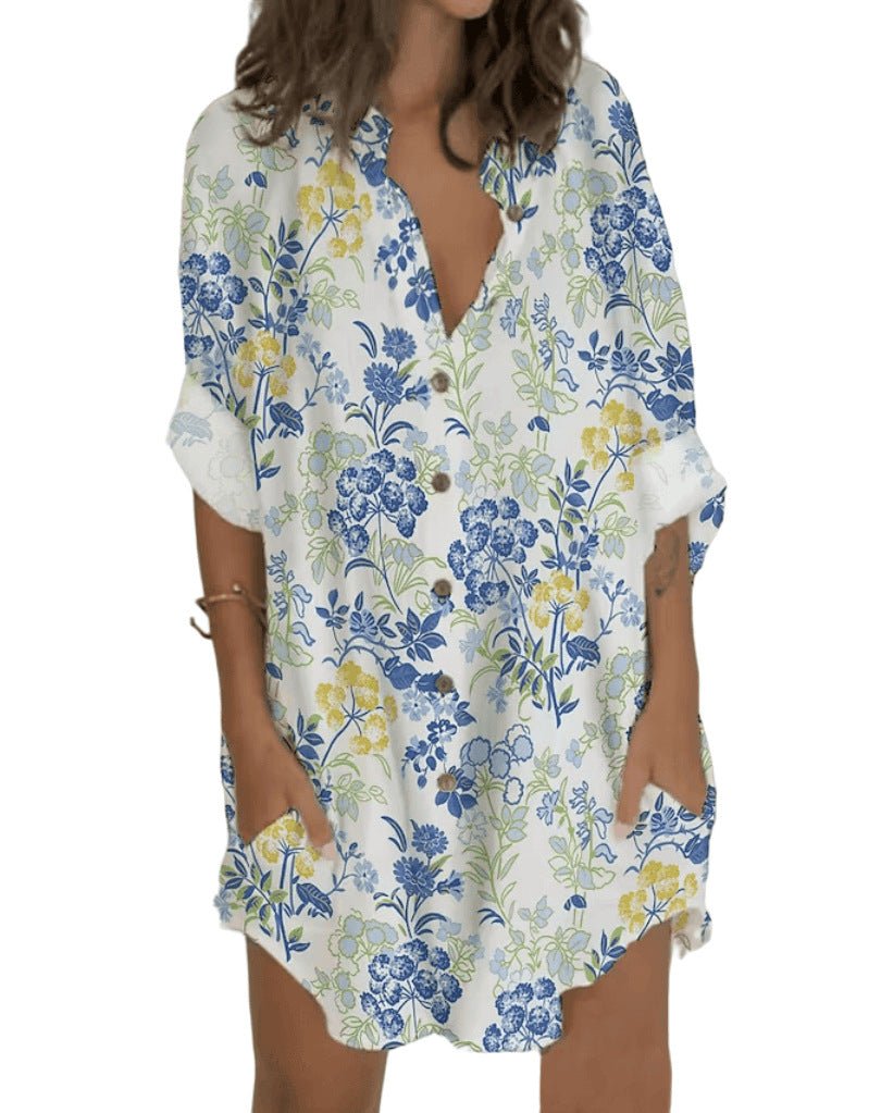 Casual Printed Button Long Sleeve Pocket Dress Women - SNMShop