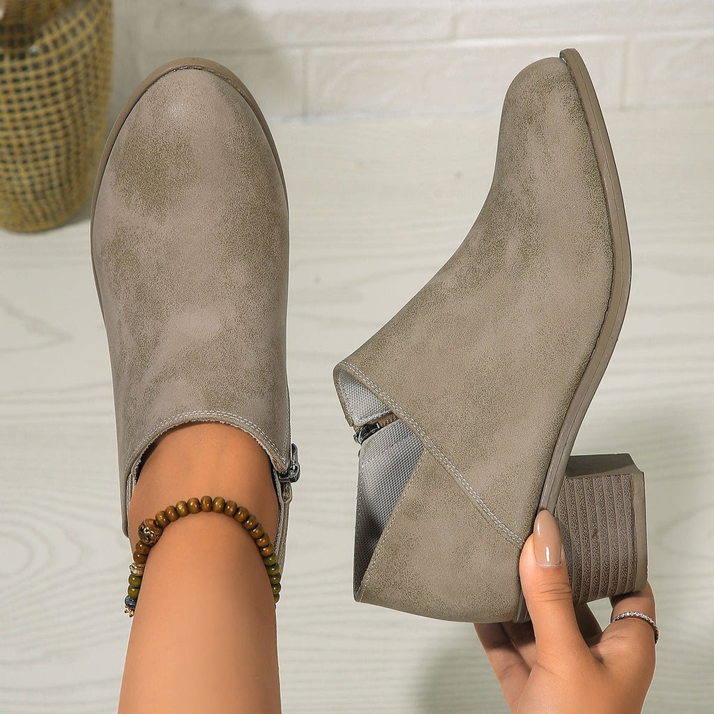 Chunky Heel Round Toe Ankle Boots With Side Zipper Design Fashion Fall Winter Short Boots For Women Shoes - SNMShop