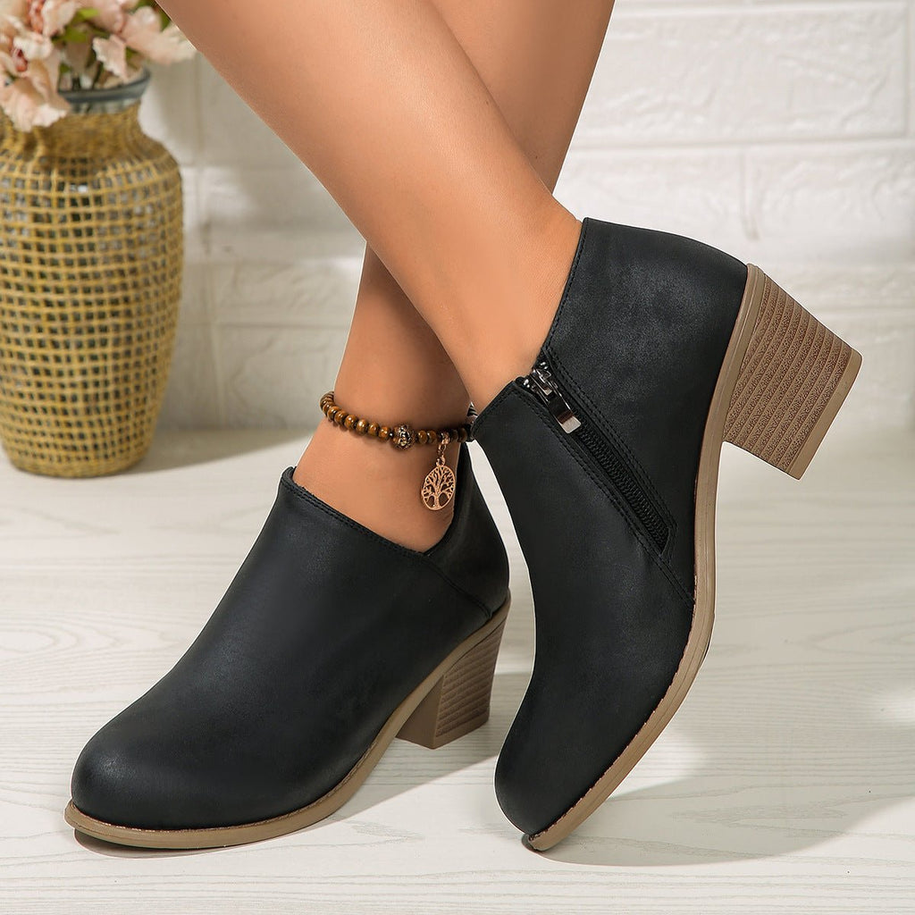 Chunky Heel Round Toe Ankle Boots With Side Zipper Design Fashion Fall Winter Short Boots For Women Shoes - SNMShop