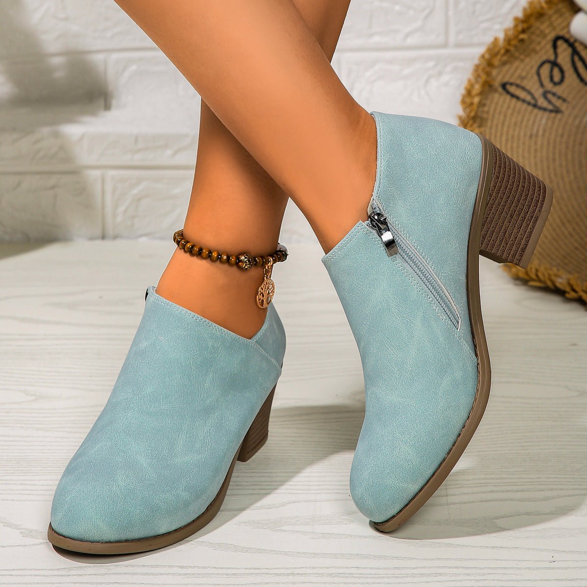 Chunky Heel Round Toe Ankle Boots With Side Zipper Design Fashion Fall Winter Short Boots For Women Shoes - SNMShop