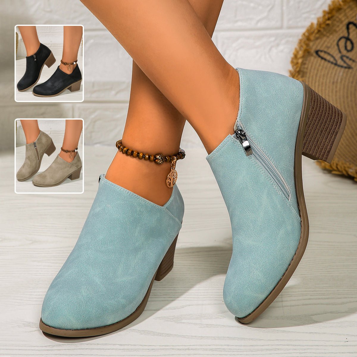 Chunky Heel Round Toe Ankle Boots With Side Zipper Design Fashion Fall Winter Short Boots For Women Shoes - SNMShop