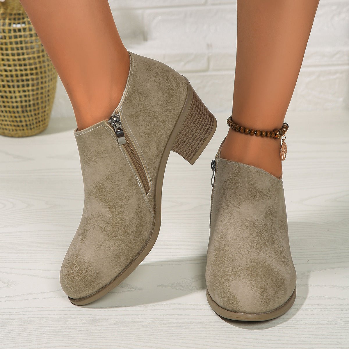 Chunky Heel Round Toe Ankle Boots With Side Zipper Design Fashion Fall Winter Short Boots For Women Shoes - SNMShop