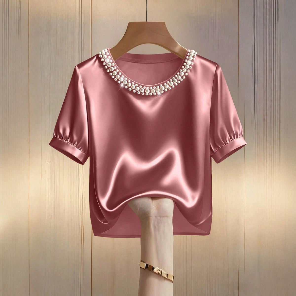 French-style Satin Pearl-collar Short Sleeves - SNMShop