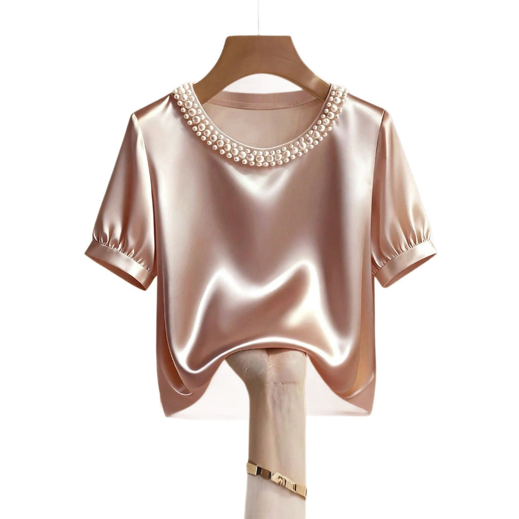 French-style Satin Pearl-collar Short Sleeves - SNMShop
