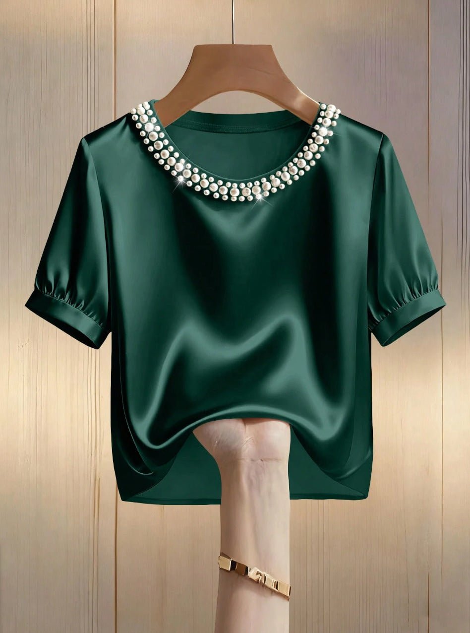French-style Satin Pearl-collar Short Sleeves - SNMShop
