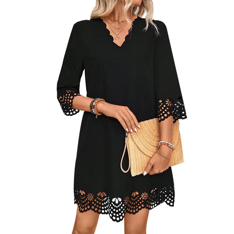 Lace Burning Flower A- Line V-neck Long-sleeve Dress - SNMShop