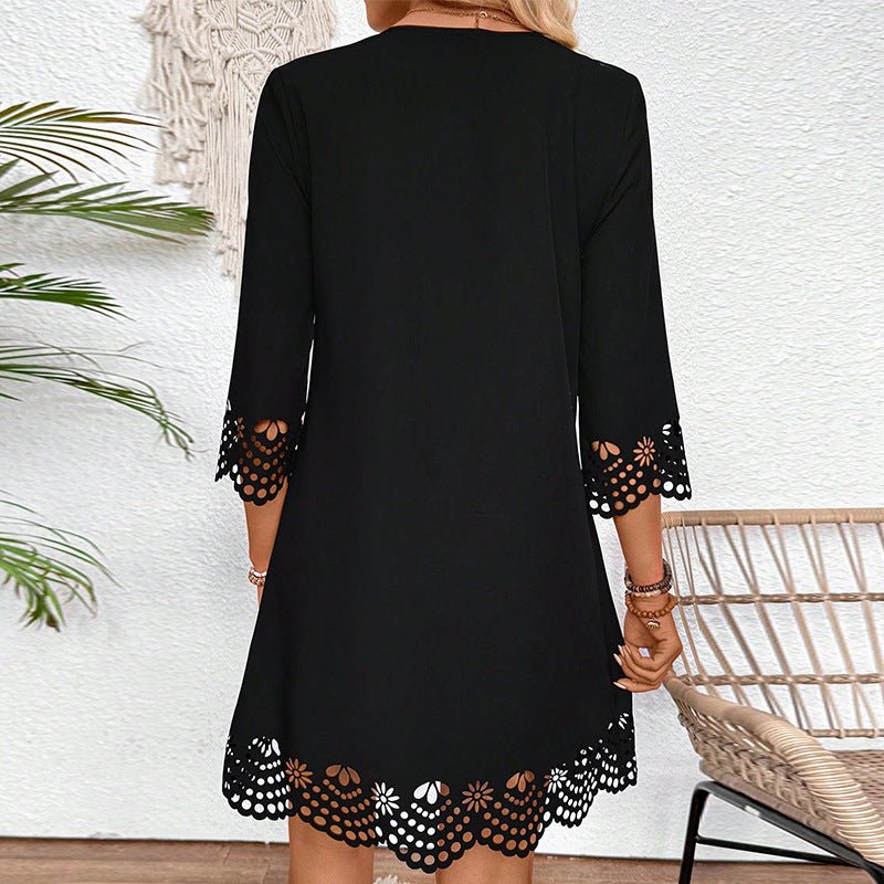 Lace Burning Flower A- Line V-neck Long-sleeve Dress - SNMShop