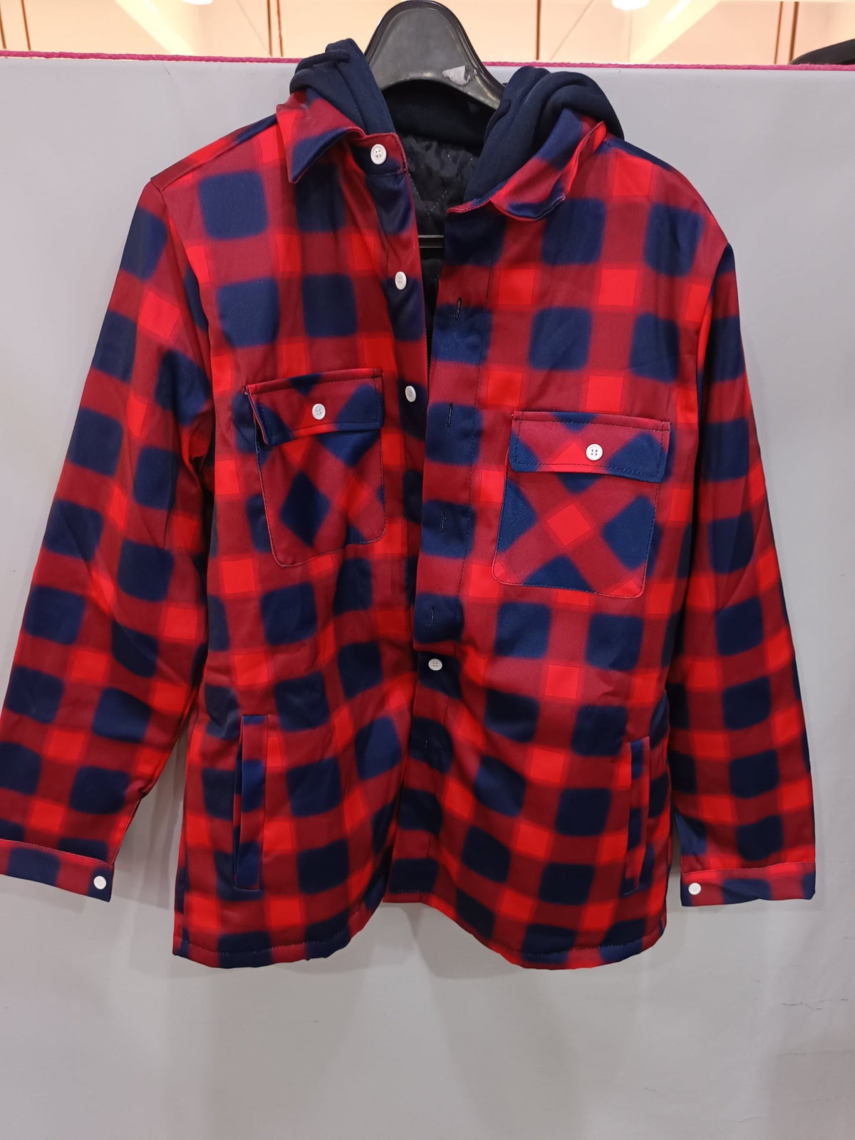 Men's Plaid Hooded Coat Winter Warm Button Zip-up Jacket Fashion Casual Thick Padded Long Sleeves Outerwear Clothing - SNMShop