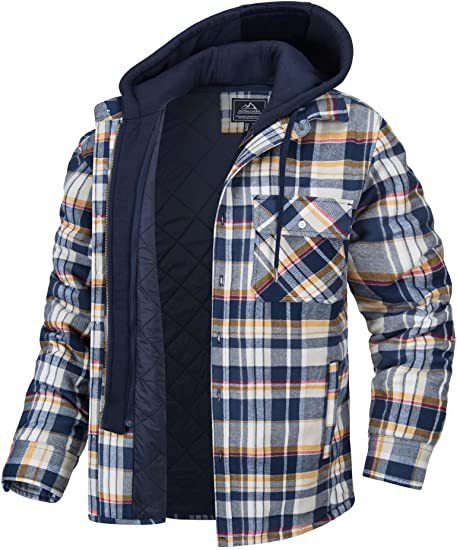 Men's Plaid Hooded Coat Winter Warm Button Zip-up Jacket Fashion Casual Thick Padded Long Sleeves Outerwear Clothing - SNMShop