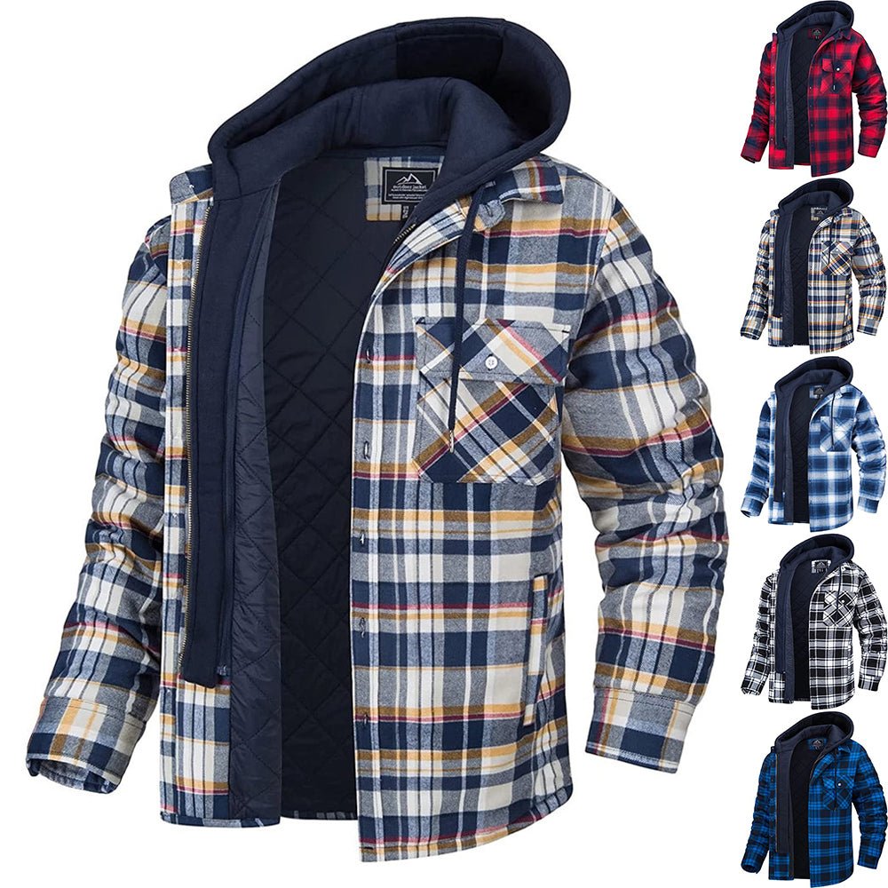 Men's Plaid Hooded Coat Winter Warm Button Zip-up Jacket Fashion Casual Thick Padded Long Sleeves Outerwear Clothing - SNMShop