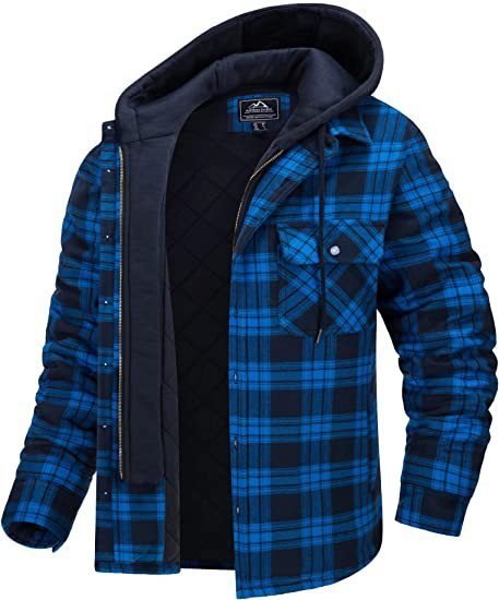 Men's Plaid Hooded Coat Winter Warm Button Zip-up Jacket Fashion Casual Thick Padded Long Sleeves Outerwear Clothing - SNMShop