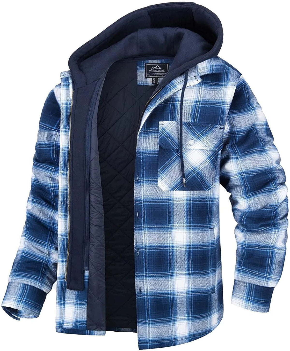 Men's Plaid Hooded Coat Winter Warm Button Zip-up Jacket Fashion Casual Thick Padded Long Sleeves Outerwear Clothing - SNMShop