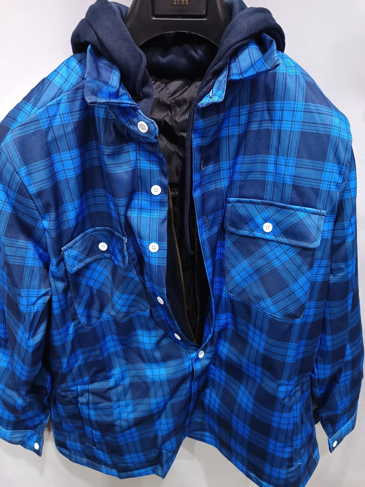 Men's Plaid Hooded Coat Winter Warm Button Zip-up Jacket Fashion Casual Thick Padded Long Sleeves Outerwear Clothing - SNMShop