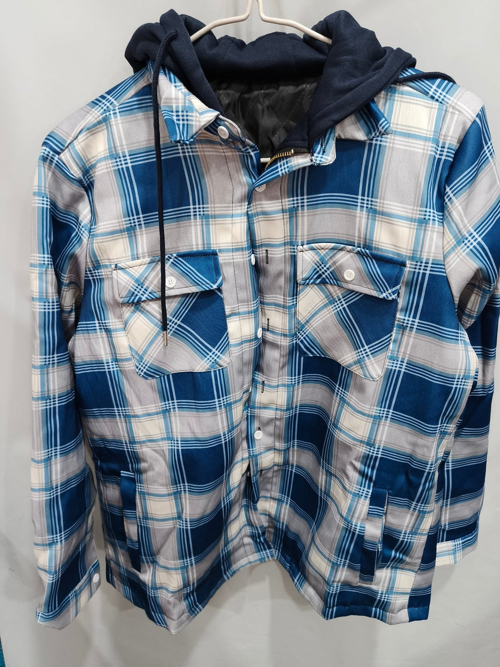 Men's Plaid Hooded Coat Winter Warm Button Zip-up Jacket Fashion Casual Thick Padded Long Sleeves Outerwear Clothing - SNMShop