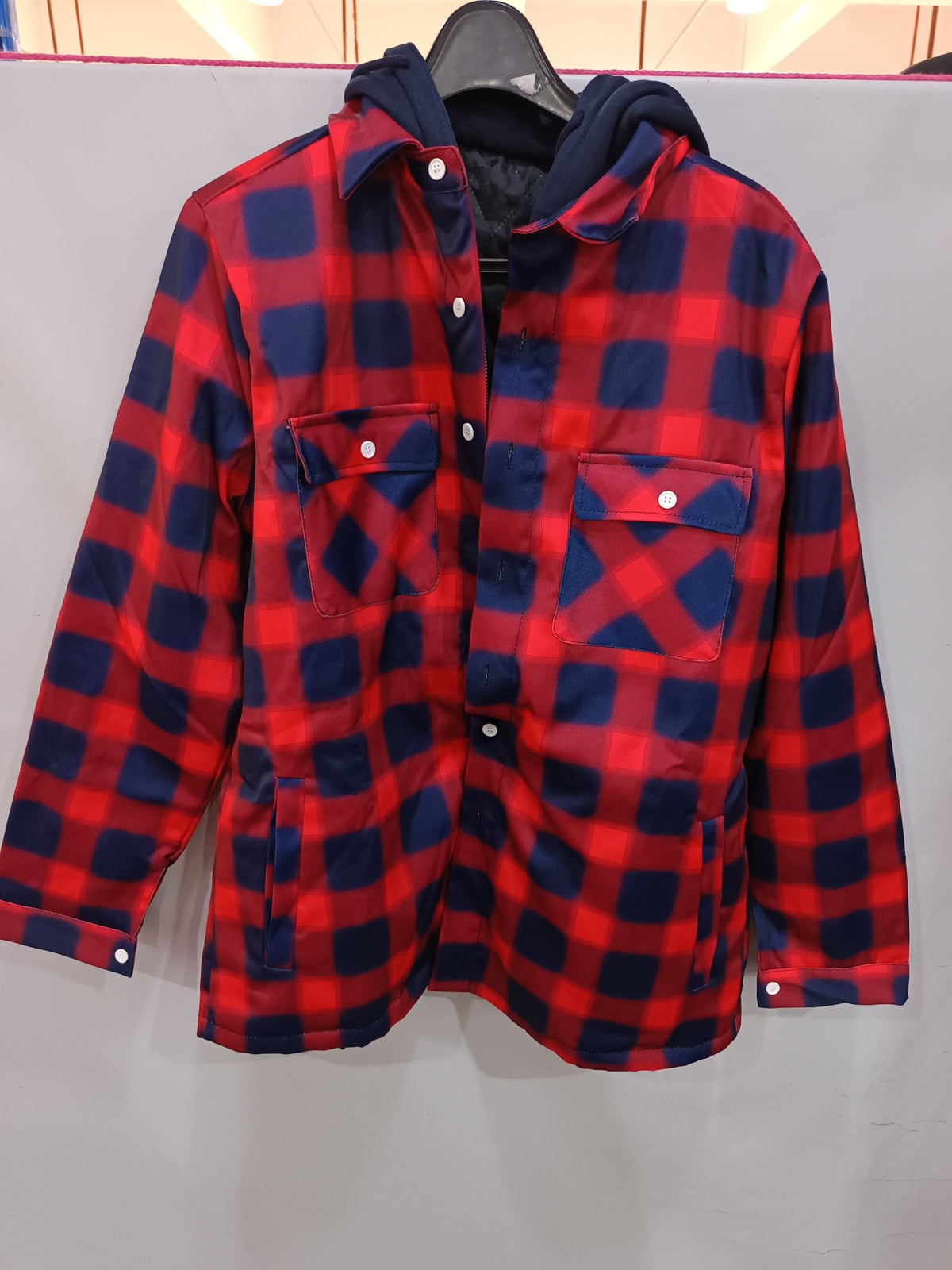 Men's Plaid Hooded Coat Winter Warm Button Zip-up Jacket Fashion Casual Thick Padded Long Sleeves Outerwear Clothing - SNMShop