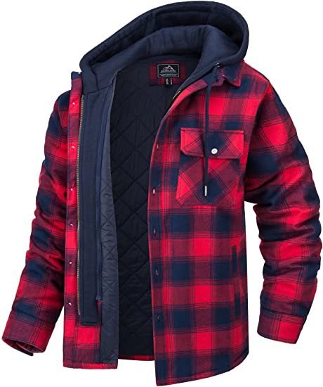 Men's Plaid Hooded Coat Winter Warm Button Zip-up Jacket Fashion Casual Thick Padded Long Sleeves Outerwear Clothing - SNMShop