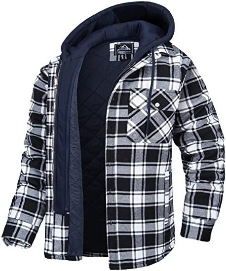 Men's Plaid Hooded Coat Winter Warm Button Zip-up Jacket Fashion Casual Thick Padded Long Sleeves Outerwear Clothing - SNMShop