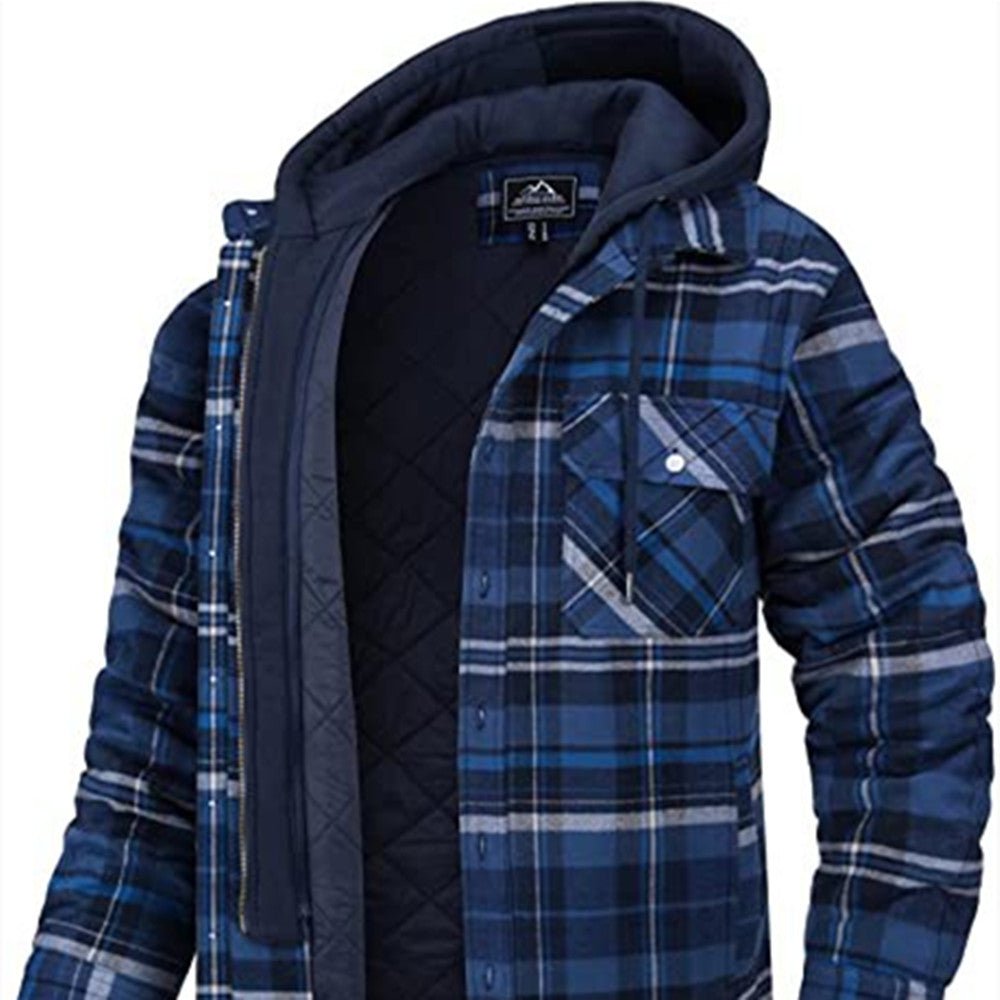 Men's Plaid Hooded Coat Winter Warm Button Zip-up Jacket Fashion Casual Thick Padded Long Sleeves Outerwear Clothing - SNMShop