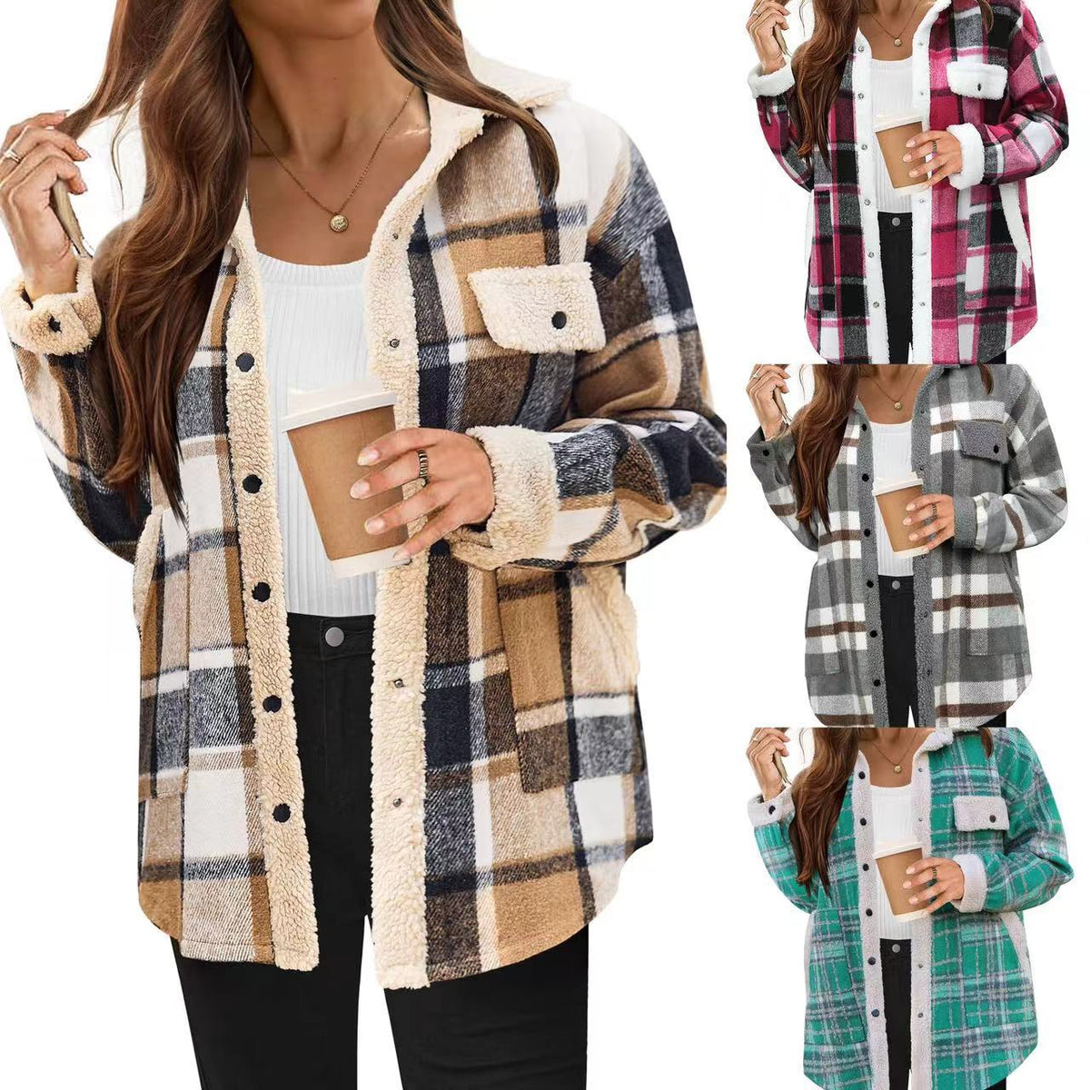 Plaid Velvet Polo Collar Jacket – Loose Fit Long Sleeve Coat - SNMShop