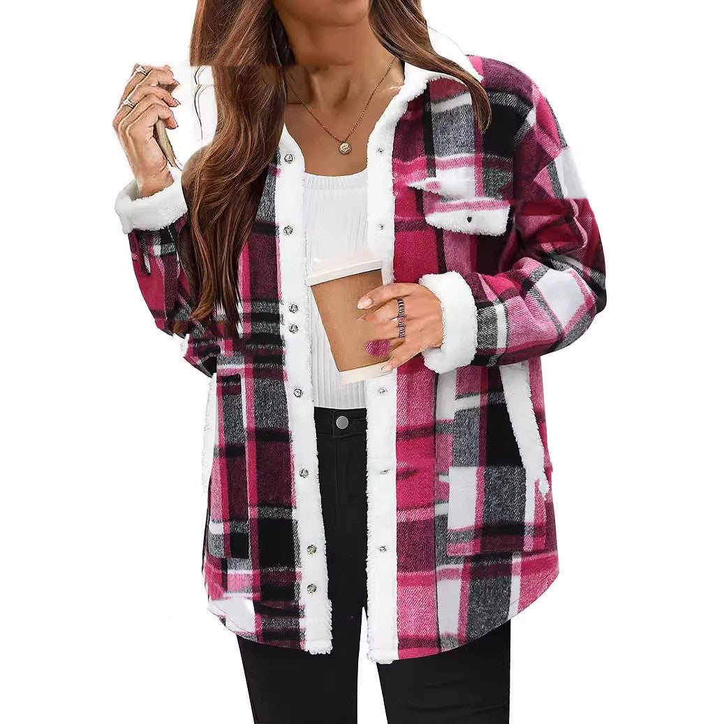 Plaid Velvet Polo Collar Jacket – Loose Fit Long Sleeve Coat - SNMShop