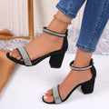 Rhinestone High Heel Sandals Summer Chunky Square Heel Sandals Open Toe Strappy Shoes - SNMShop