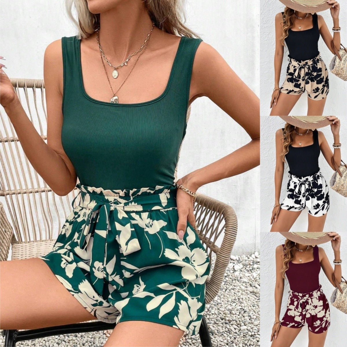 Ribbed Vest Floral Print Shorts Casual Suit - SNMShop