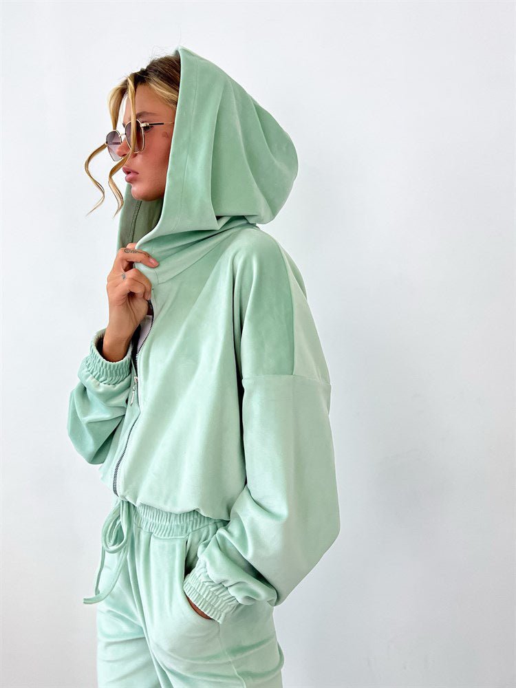 Solid Color Cardigan Hooded Trousers Women's Long-sleeved Fleese Suit - SNMShop